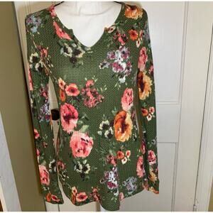 Green Pink Floral Print Waffle Knit Long Sleeve V-Neck Top